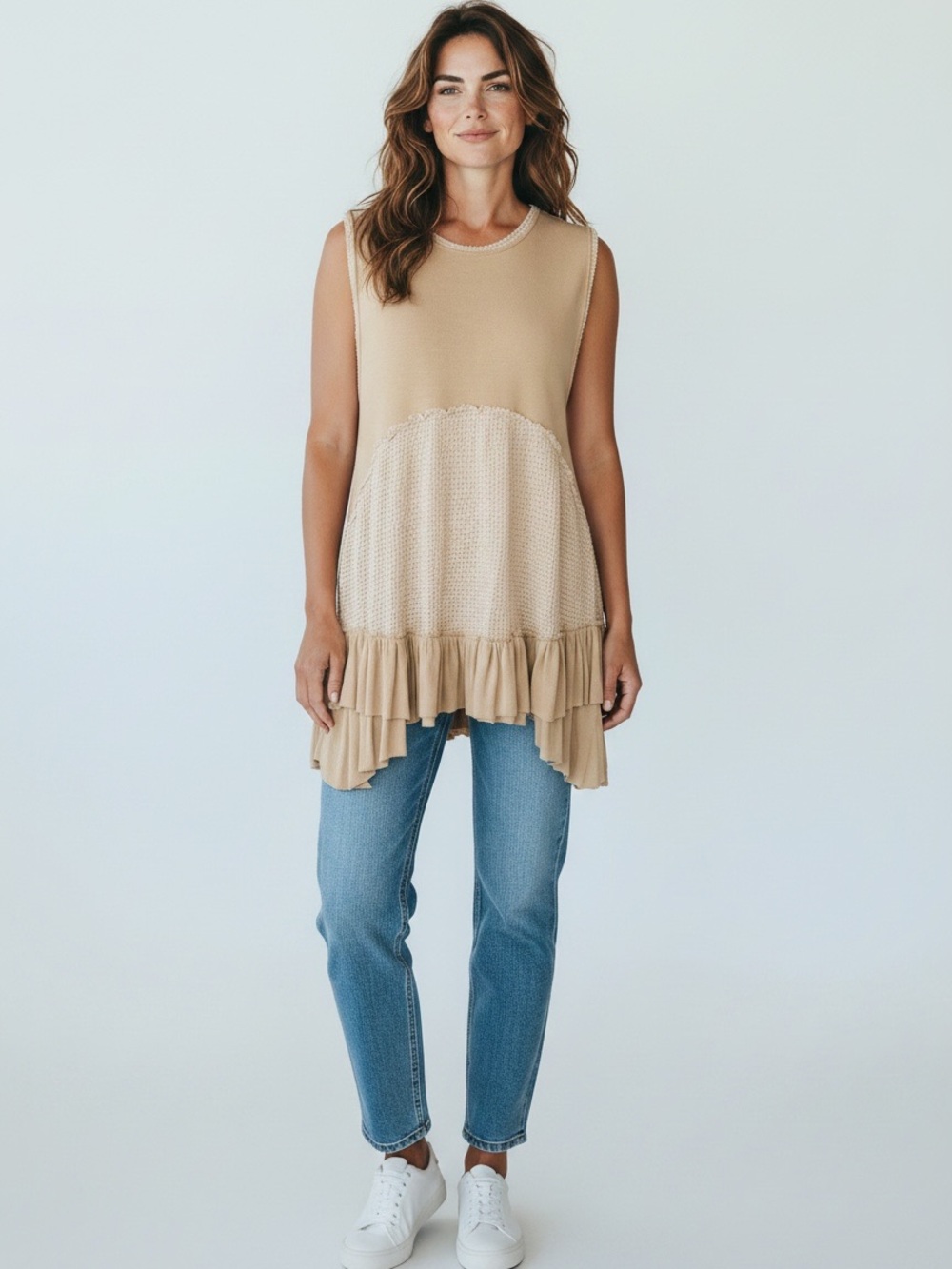 POL Clothing Boho Mixed Media Babydoll Tunic Tank Top in Tan Cream Size Large